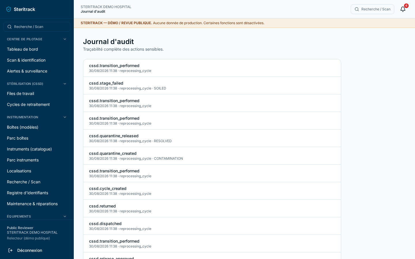 Journal d'audit Steritrack listant les événements horodatés