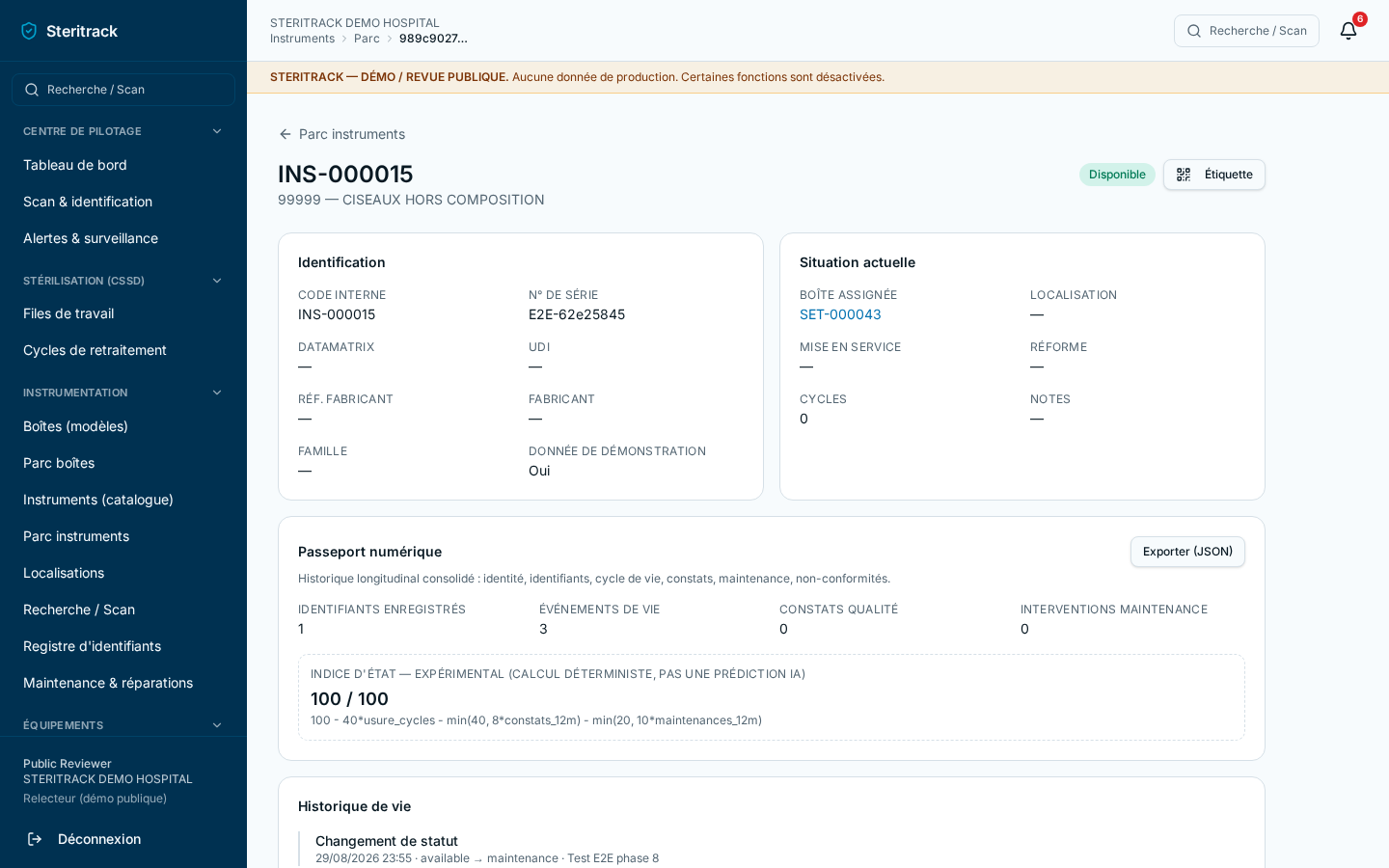 Passeport instrument avec son historique de cycles