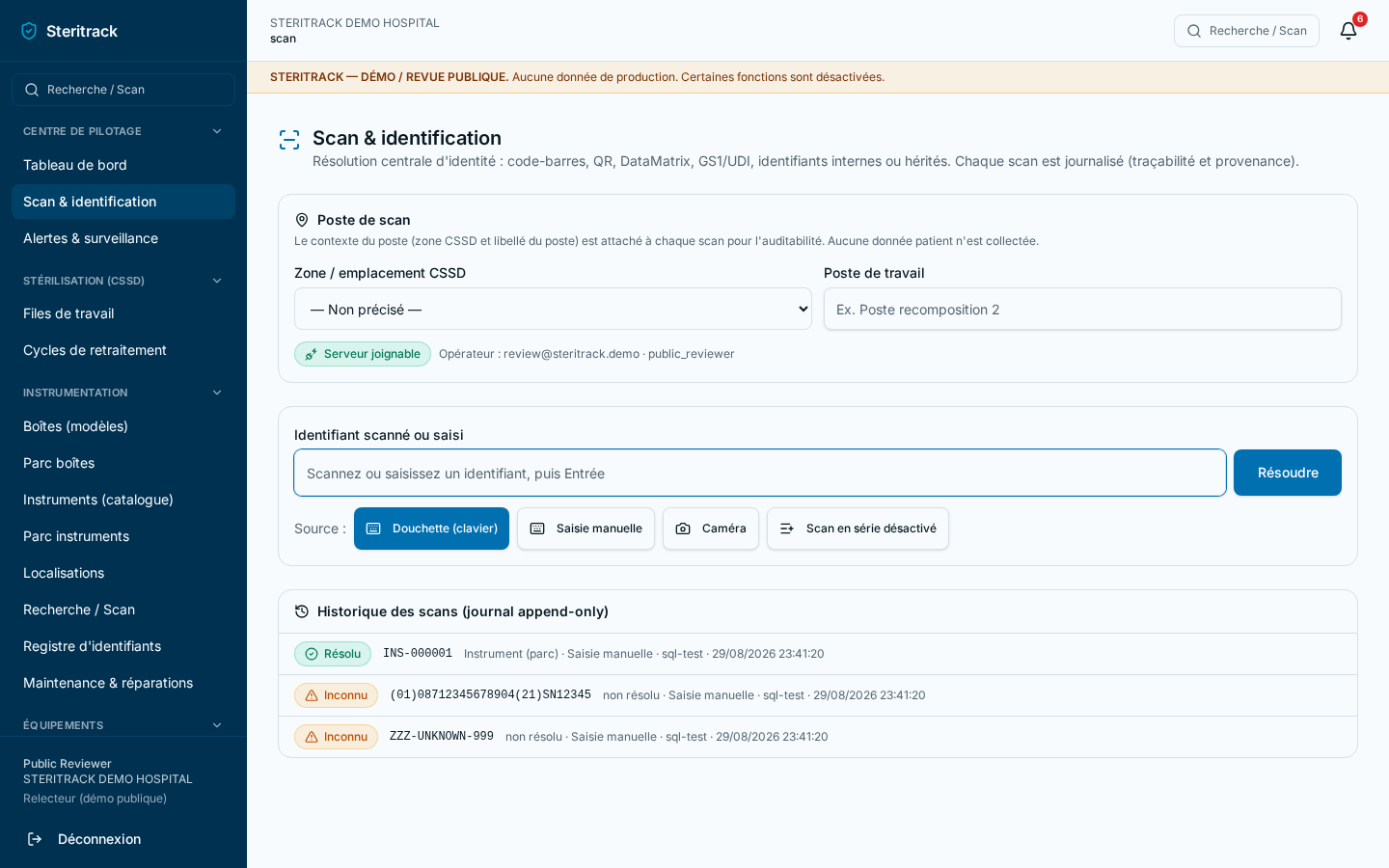 Station de scan Steritrack avec saisie du code et actions contextuelles