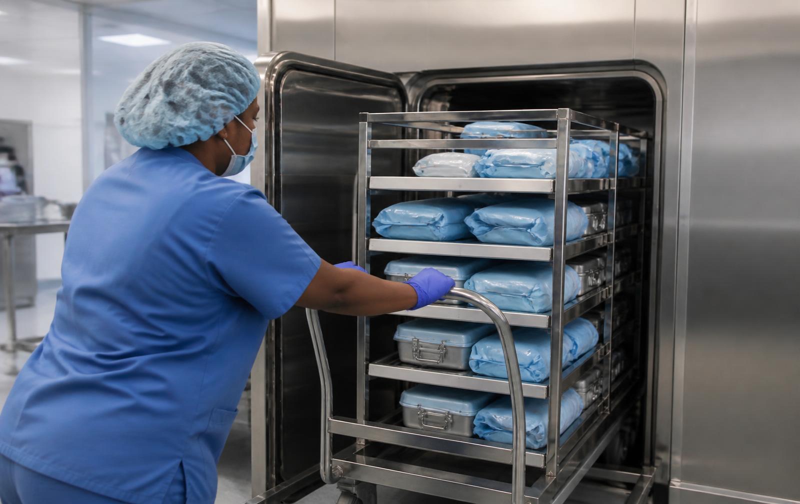 Agent engageant un chariot de sets emballés dans un autoclave