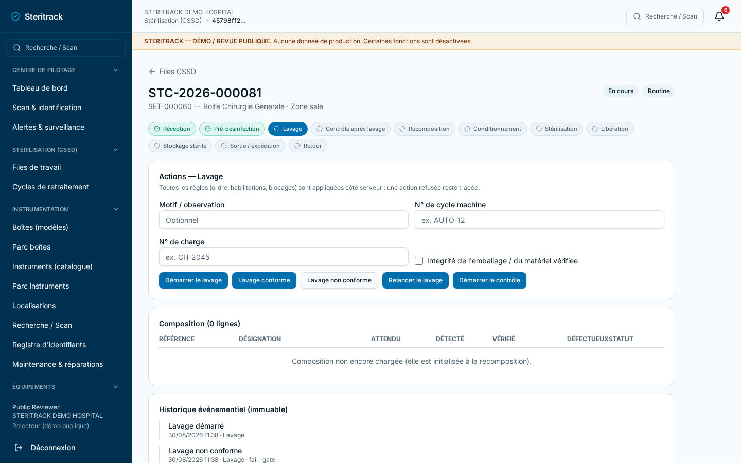 File de travail des cycles de stérilisation Steritrack
