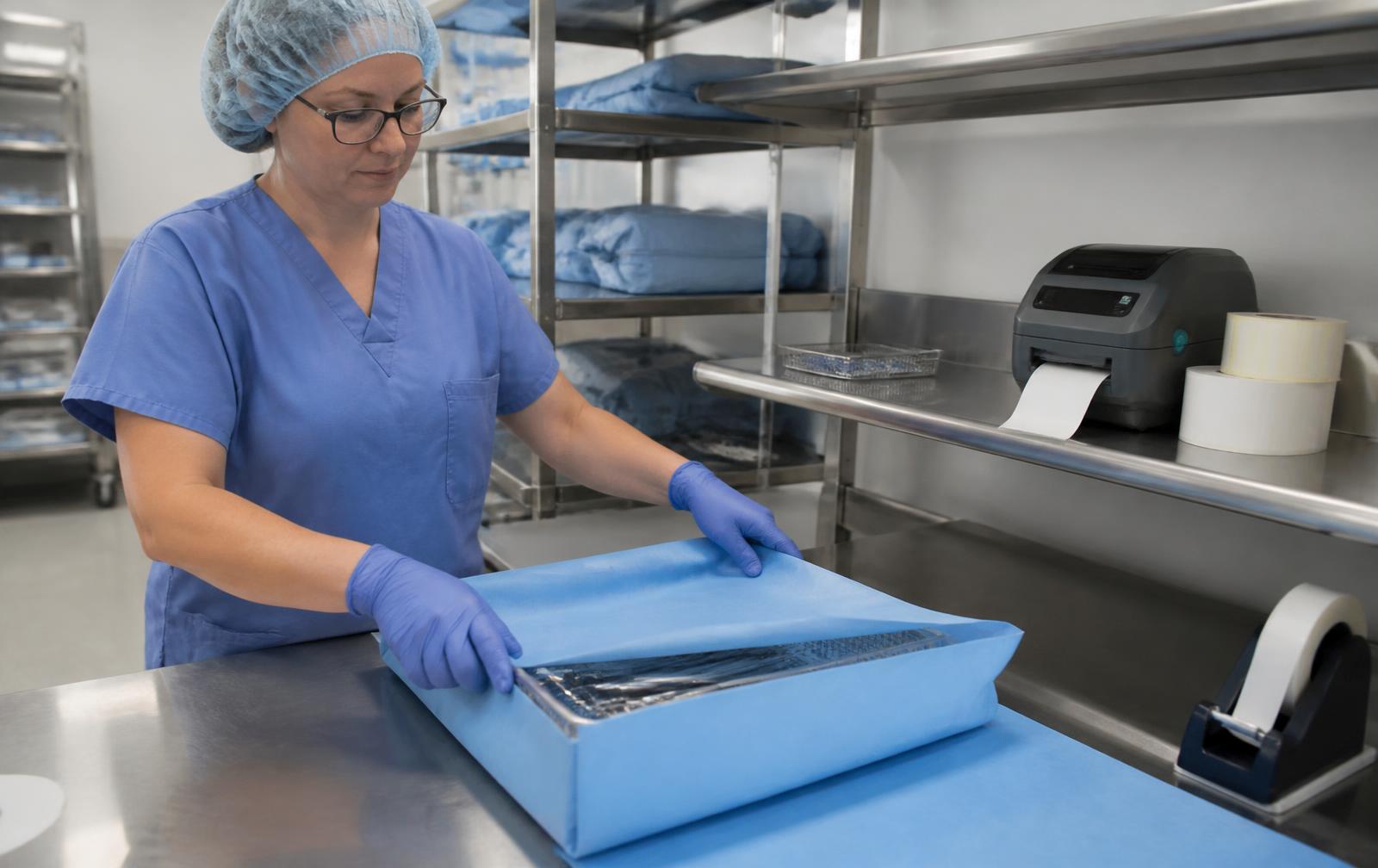 Agent emballant un plateau d'instruments dans un champ de stérilisation